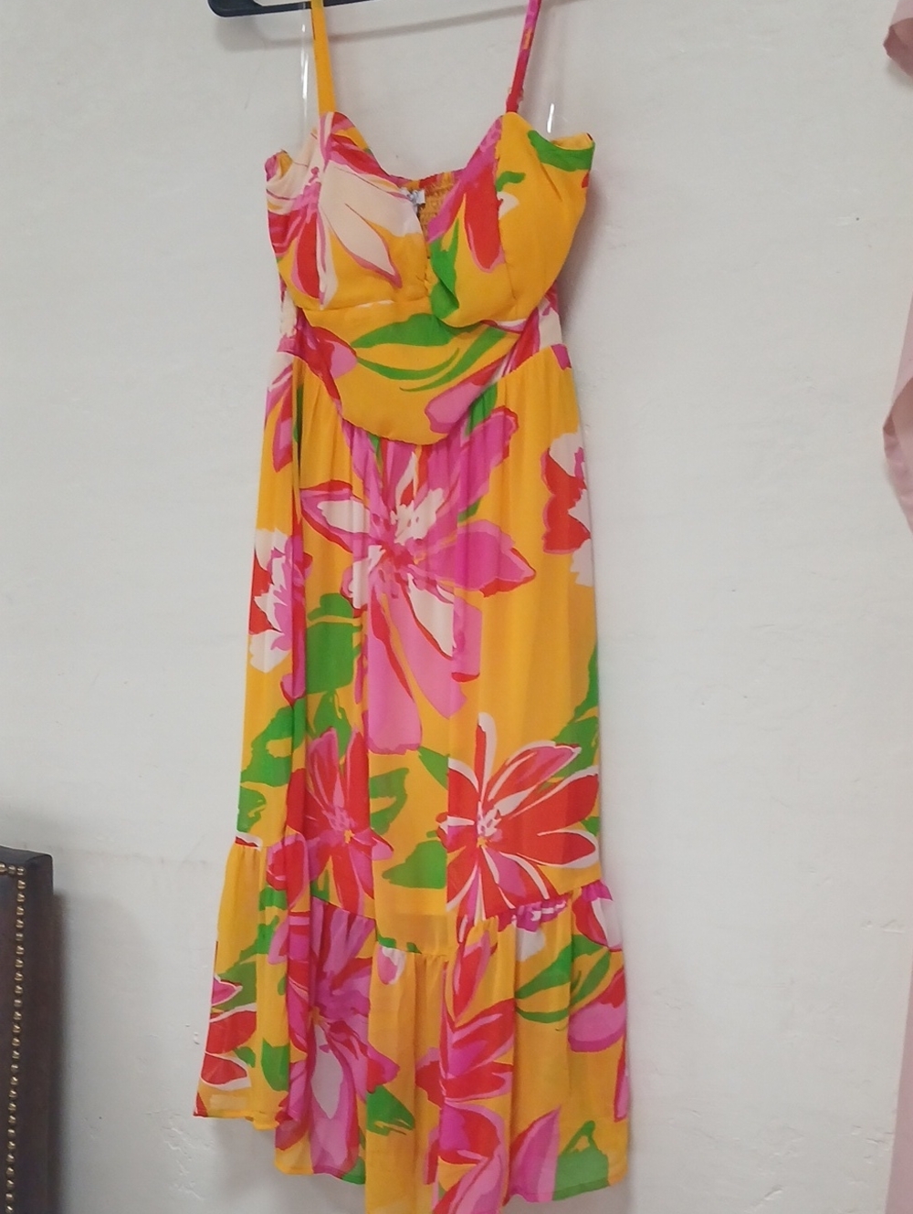 AUW Yellow Maxi Dress with Pink, Green & Red Floral Print